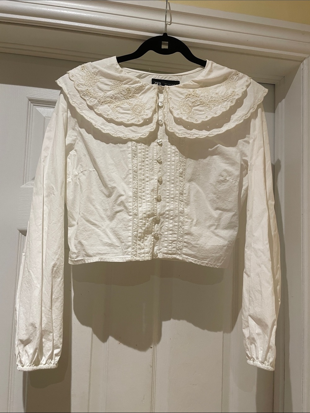 Zara Cotton Embroidered Double Peter Pan Blouse Sz L CottageCore Romantic